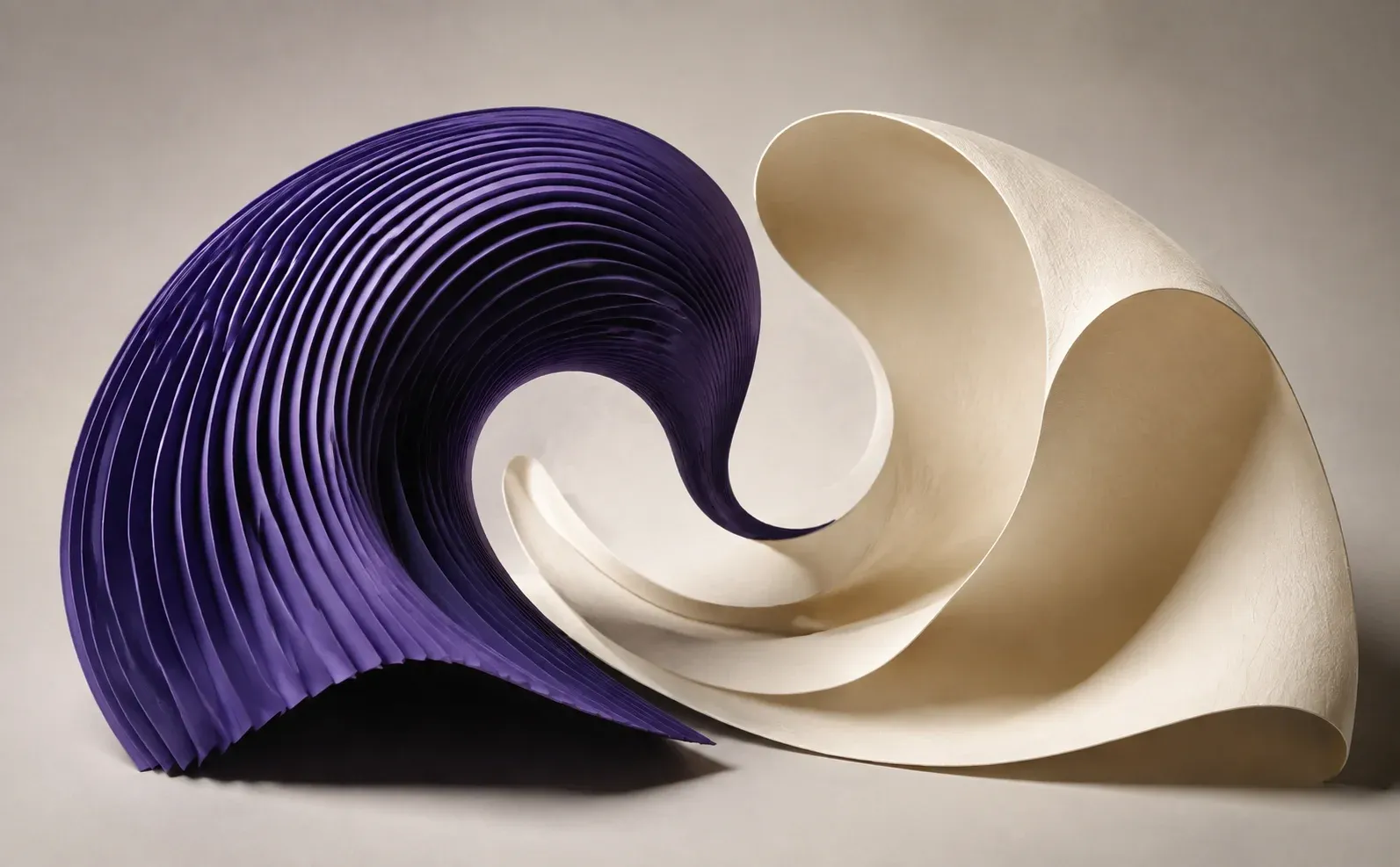 Precisely layered violet paper and an organic ivory fold curve toward each other in a balanced sculpture.