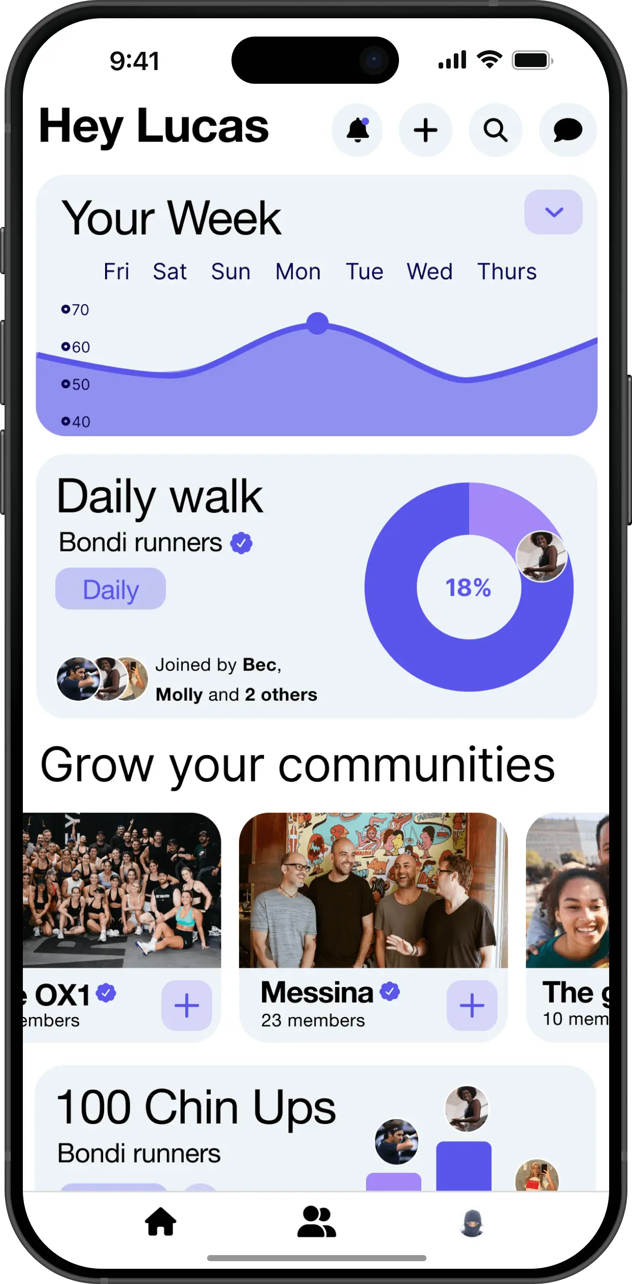 oNex home screen showing movement and community activity